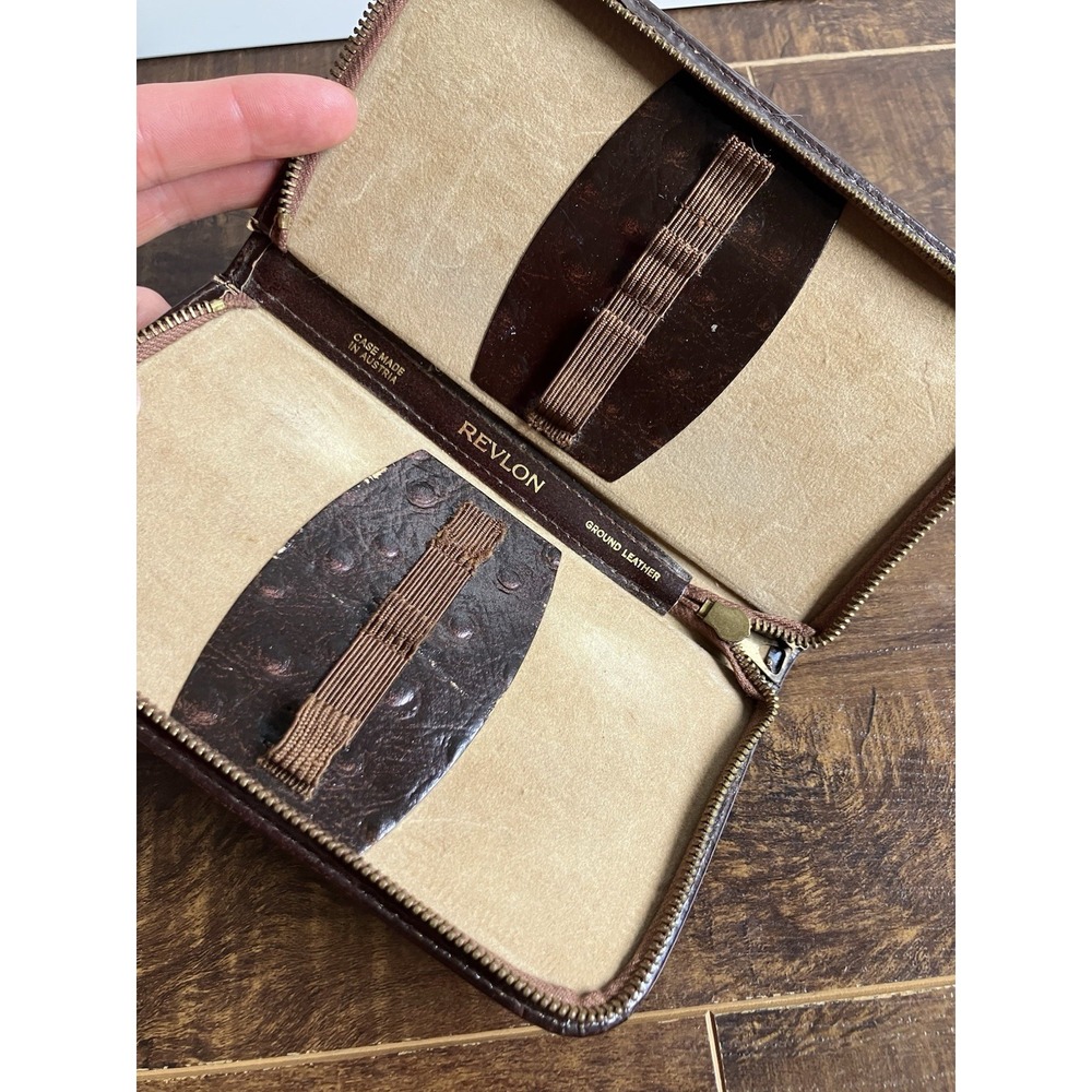 Vintage Revlon Ground Leather Makeup Cosmetic Brush Case Zippered Austria